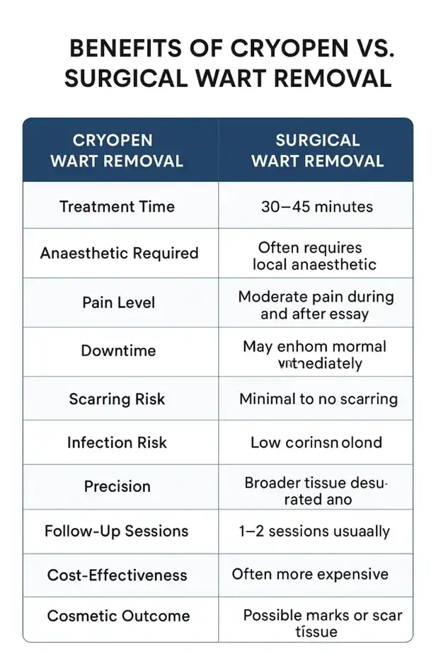 Table showing the benefits of cryopen to remove warts Reading compared to surgical treatment