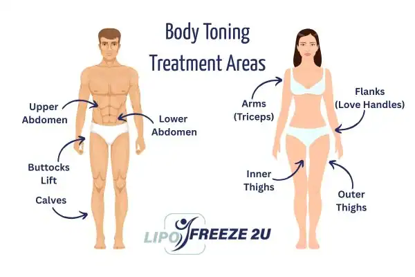 Graphic showing where you can have Body toning Treatment Reading on your body